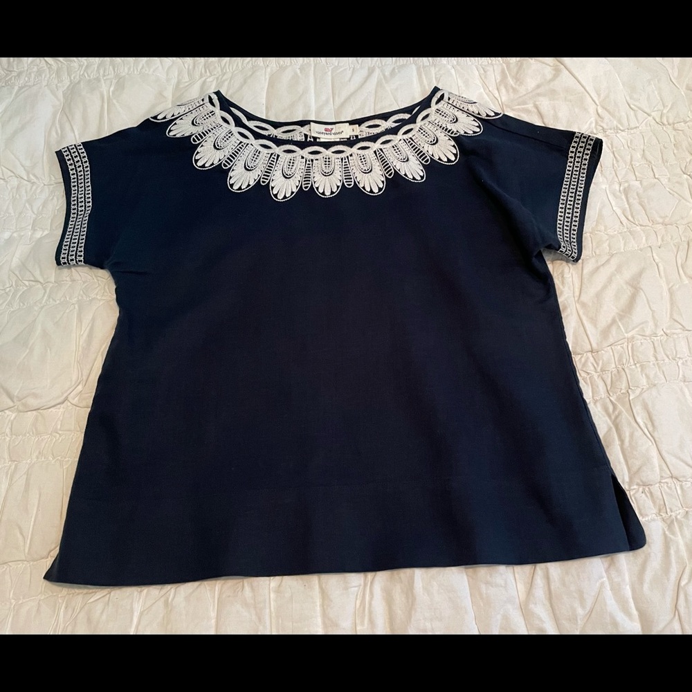 Vineyard Vines Navy Blue & White Embroidered Top